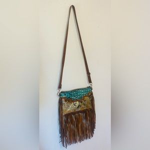 NWB Dancing Cactus Patsy Blue Croc & Gold Acid Wash Leather Purse